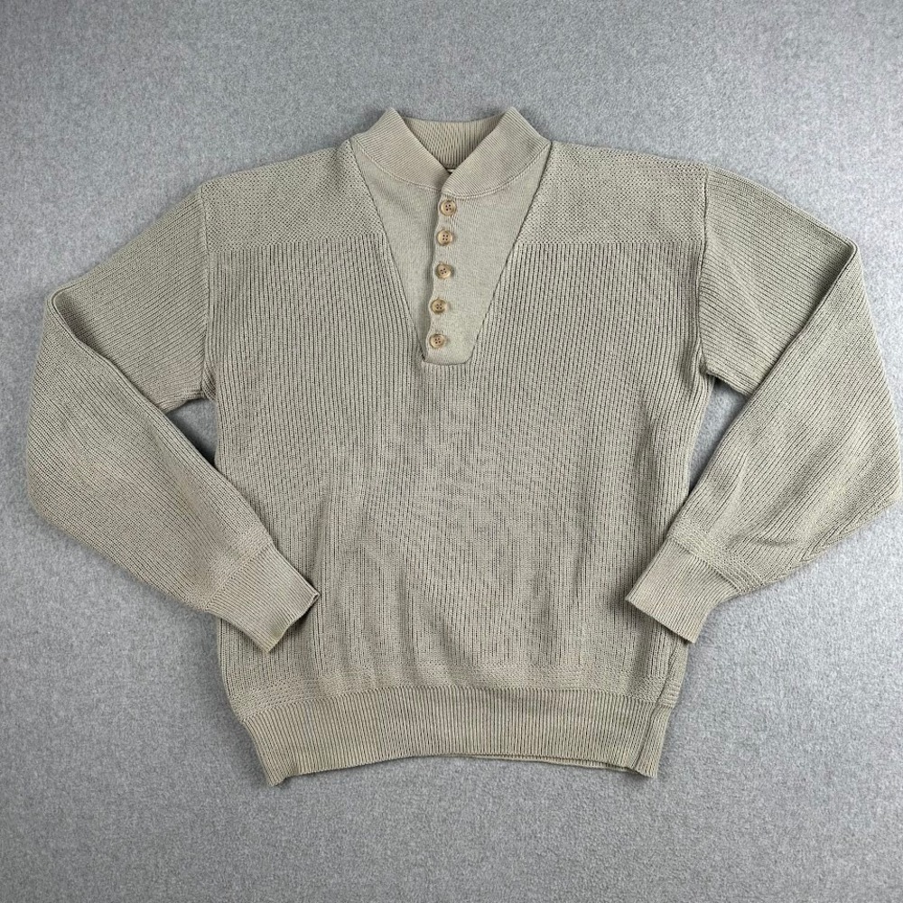 Vintage 90s LL Bean Mens Knit Medium Henley Sweater Khaki Beige Button Neck Prep